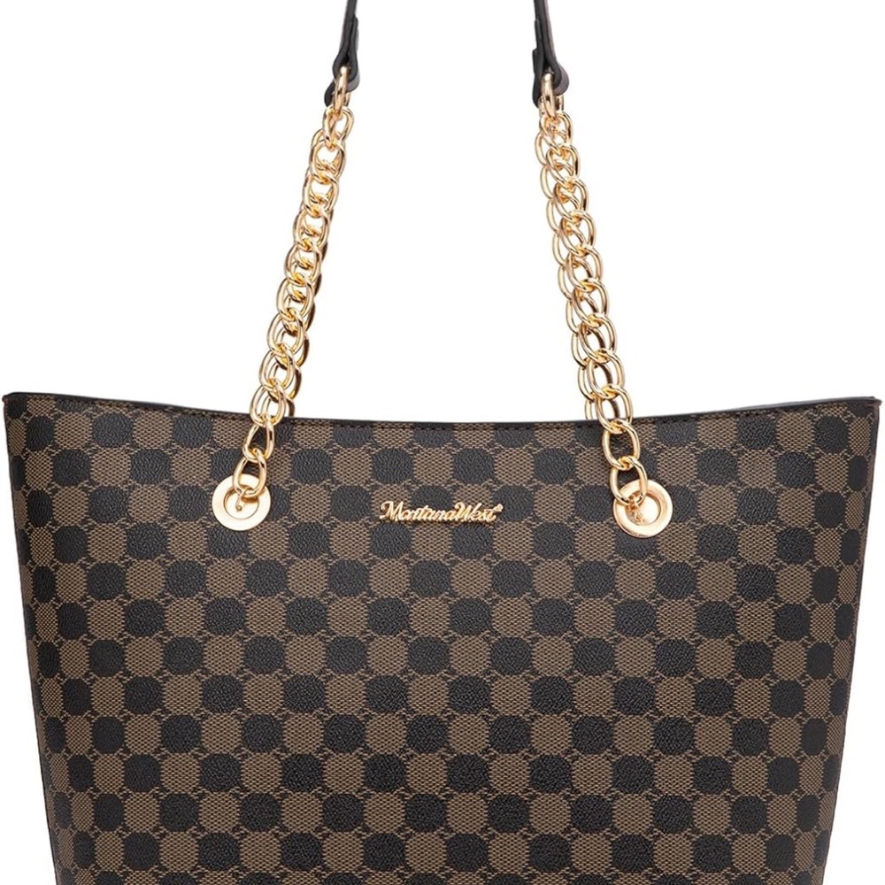 Montana West Brown Checkered Tote with Gold Chains